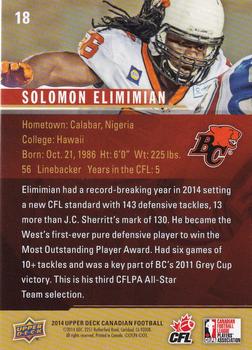 2014 Upper Deck CFPLA All-Stars #18 Solomon Elimimian Back