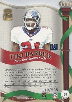 2002 Pacific Crown Royale - Red #89 Tiki Barber Back