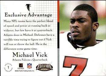 2002 Pacific Exclusive - Exclusive Advantage #1 Michael Vick Back
