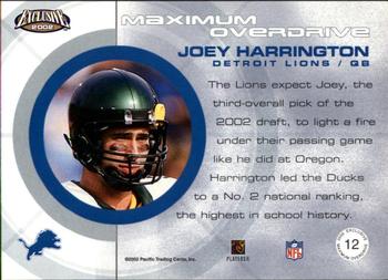 2002 Pacific Exclusive - Maximum Overdrive #12 Joey Harrington Back
