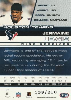 2002 Pacific Heads Up - Blue #51 Jermaine Lewis Back