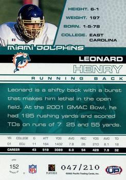 2002 Pacific Heads Up - Blue #152 Leonard Henry Back