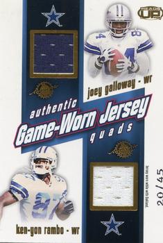 2002 Pacific Heads Up - Game Worn Jersey Quads Gold #10 Joey Galloway / Ken-Yon Rambo / Raghib Ismail / Emmitt Smith Front