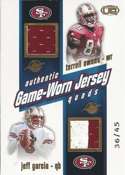 2002 Pacific Heads Up - Game Worn Jersey Quads Gold #32 Jeff Garcia / Terrell Owens / Tim Rattay / J.J. Stokes Front