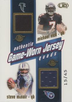2002 Pacific Heads Up - Game Worn Jersey Quads Gold #48 Daunte Culpepper / Steve McNair / Mark Brunell / Michael Vick Front