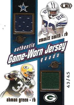 2002 Pacific Heads Up - Game Worn Jersey Quads Gold #49 Emmitt Smith / Ricky Williams / Curtis Martin / Ahman Green Front