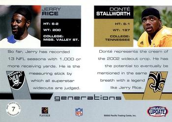 2002 Pacific Heads Update - Generations #7 Jerry Rice / Donte Stallworth Back