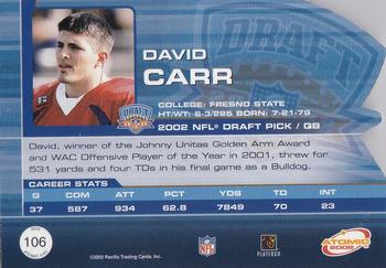 2002 Pacific Private Stock Reserve - Atomic Previews #106 David Carr Back