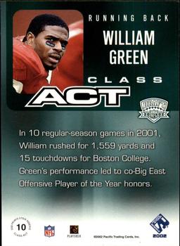 2002 Pacific Private Stock Reserve - Class Act #10 William Green Back