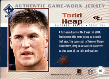 2002 Pacific Private Stock Reserve - Game Worn Jerseys #10 Todd Heap Back