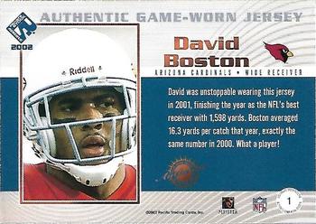 2002 Pacific Private Stock Reserve - Game Worn Jerseys Patches #1 David Boston Back