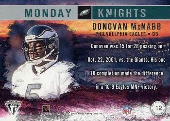 2002 Pacific Private Stock Titanium - Monday Knights #12 Donovan McNabb Back