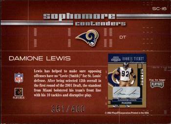 2002 Playoff Contenders - Sophomore Contenders Autographs #SC-16 Damione Lewis Back