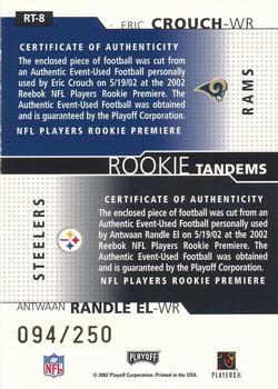 2002 Playoff Honors - Rookie Tandems/Quads Gold #RT-8 Eric Crouch / Antwaan Randle El Back