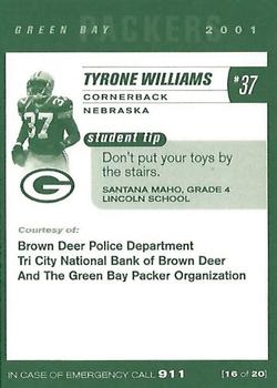 2001 Green Bay Packers Police - Brown Deer Police Department, Tri City National Bank of Brown Deer #16 Tyrone Williams Back