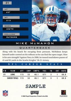 2002 Playoff Honors - Samples #31 Mike McMahon Back