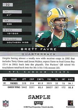 2002 Playoff Honors - Samples #32 Brett Favre Back