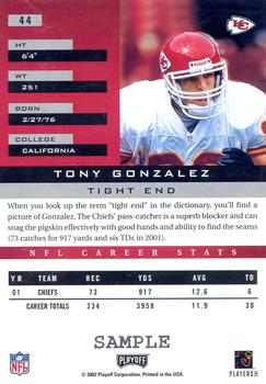 2002 Playoff Honors - Samples #44 Tony Gonzalez Back