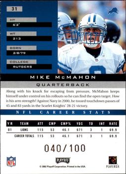 2002 Playoff Honors - X's #31 Mike McMahon Back