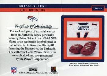 2002 Playoff Piece of the Game - Materials #POG-5 Brian Griese Back