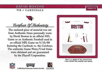 2002 Playoff Piece of the Game - Materials #POG-15 David Boston Back