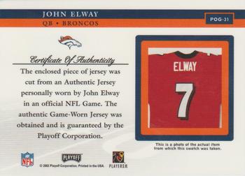 2002 Playoff Piece of the Game - Materials #POG-31 John Elway Back
