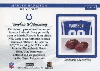 2002 Playoff Piece of the Game - Materials #POG-39 Marvin Harrison Back