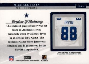 2002 Playoff Piece of the Game - Materials #POG-40 Michael Irvin Back
