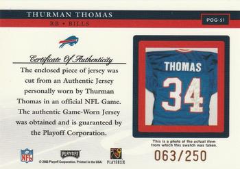 2002 Playoff Piece of the Game - Materials 1st Down #POG-51 Thurman Thomas Back