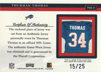 2002 Playoff Piece of the Game - Materials 4th Down #POG-51 Thurman Thomas Back