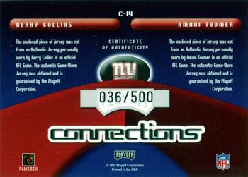 2002 Playoff Prestige - Connections Jerseys #C-14 Kerry Collins / Amani Toomer Back