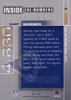 2002 Playoff Prestige - Inside the Numbers #IN6 Kurt Warner Back