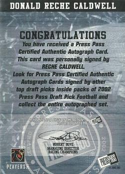 2002 Press Pass - Autographs #NNO Reche Caldwell Back