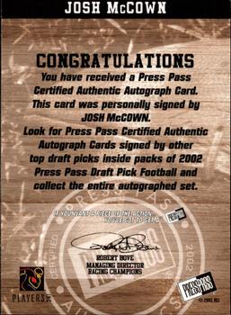 2002 Press Pass - Autographs #NNO Josh McCown Back