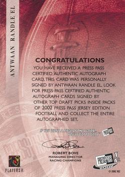 2002 Press Pass - Autographs #NNO Antwaan Randle El Back