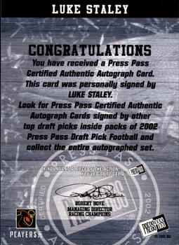 2002 Press Pass - Autographs #NNO Luke Staley Back