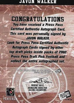 2002 Press Pass - Autographs #NNO Javon Walker Back