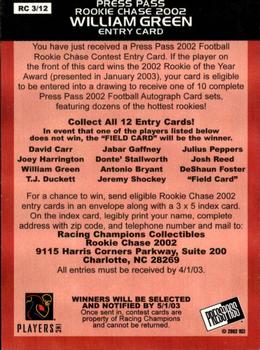 2002 Press Pass - Rookie Chase #RC3 William Green Back