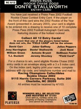 2002 Press Pass - Rookie Chase #RC6 Donte Stallworth Back