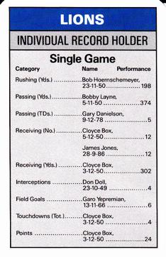 1987 Ace Fact Pack Detroit Lions #NNO Game Record Holders Front