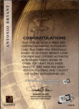 2002 Press Pass JE - Autographs #NNO Antonio Bryant Back