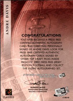 2002 Press Pass JE - Autographs #NNO Andre Davis Back
