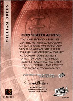 2002 Press Pass JE - Autographs #NNO William Green Back