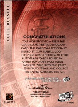 2002 Press Pass JE - Autographs Silver #NNO Cliff Russell Back