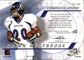 2002 Press Pass JE - Game Used Jerseys #JE/BW Brian Westbrook Back