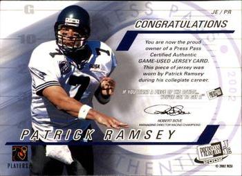 2002 Press Pass JE - Game Used Jerseys #JE/PR Patrick Ramsey Back
