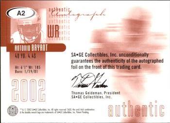 2002 SAGE - Autographs Bronze #A2 Antonio Bryant Back