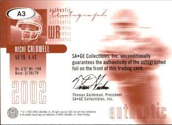 2002 SAGE - Autographs Bronze #A3 Reche Caldwell Back