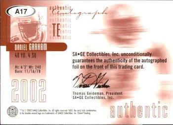 2002 SAGE - Autographs Bronze #A17 Daniel Graham Back