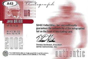 2002 SAGE - Autographs Platinum #A43 Javon Walker Back